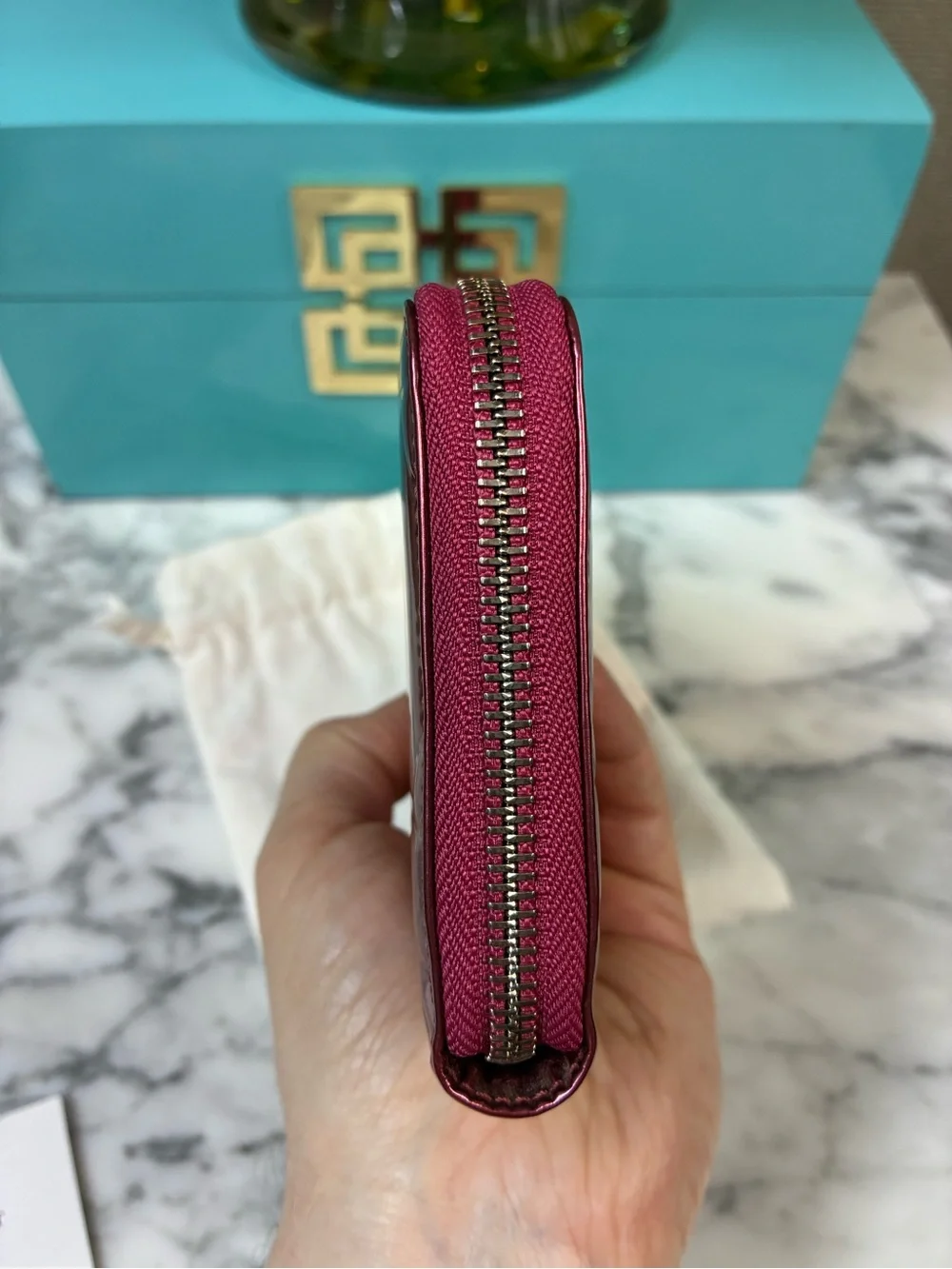 Christian Dior Lady Dior Dark Pink Patent Leather Zip Around Cannage Wallet